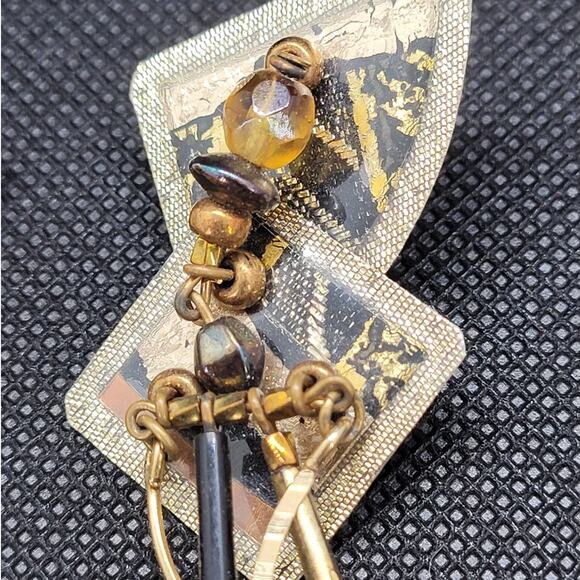 80s Vintage‎ Iridescent Metallic Statement Mixed Media Dangle Pierced Earrings - Picture 4 of 8